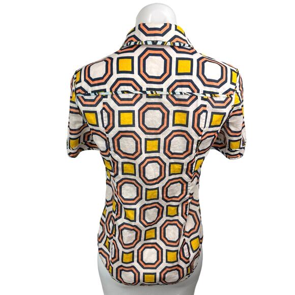 Tory Burch Yellow Multicolor Geometric Short Sleeve Button Down Shirt Top Sz 2 - Picture 2 of 4